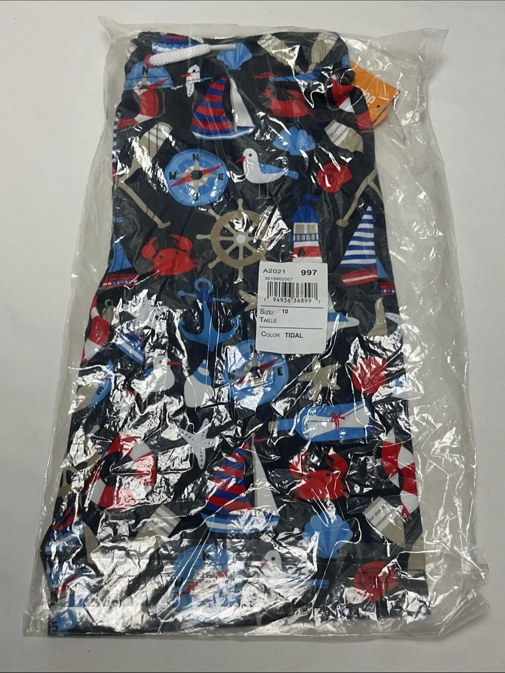 Gymboree Boys Navy Swim Trunks with Red, Blue and White Nautical Print